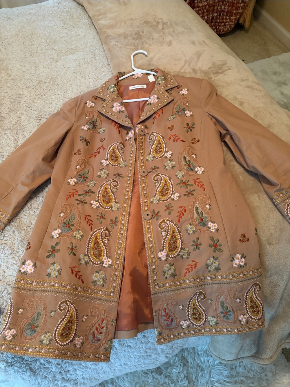 Coldwater Creek Embroidered Paisley Coat in Tan